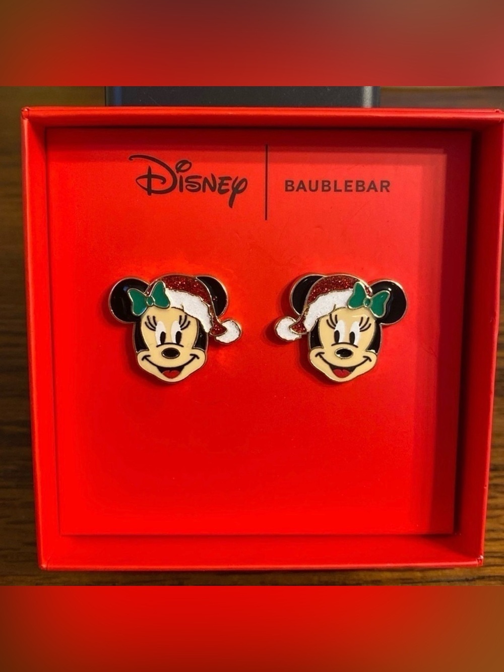 Disney x BaubleBar Minnie Mouse Christmas Santa Hat Stud Earrings Red Box NWT